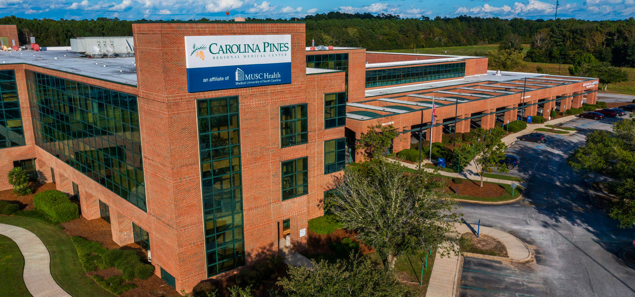 Carolina Pines Regional Medical Center front of building drone shot